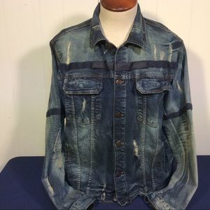 Distressed Vintage Harlem 90’s blue denim jean jacket men’s size 2XL
